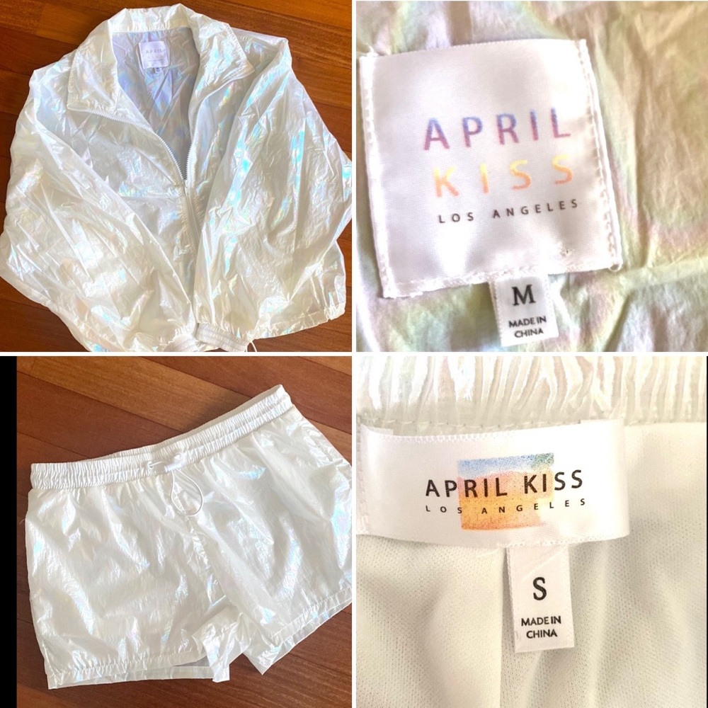 April Kiss Holographic 2pc Metallic Lightweight Shiny White Jacket & Shorts